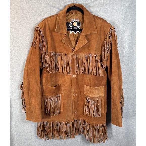 First Genuine Leather Jackets & Blazers - Leather Jacket Womens XL Fringe Brown Button Front Longline 70s Western